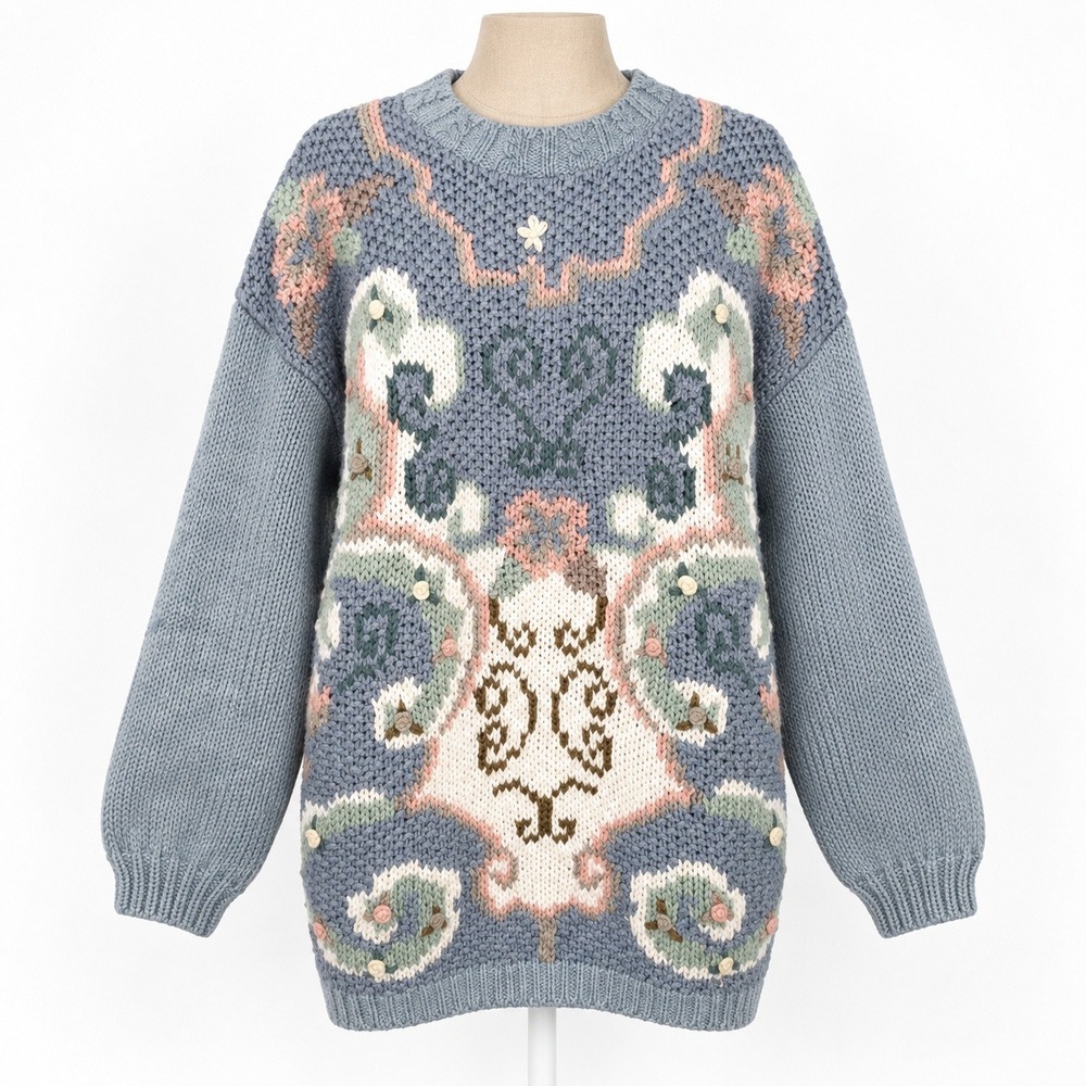 Vintage 90s Hand Knit Heavyweight Floral Sweater Size L Blue Retro Cottagecore